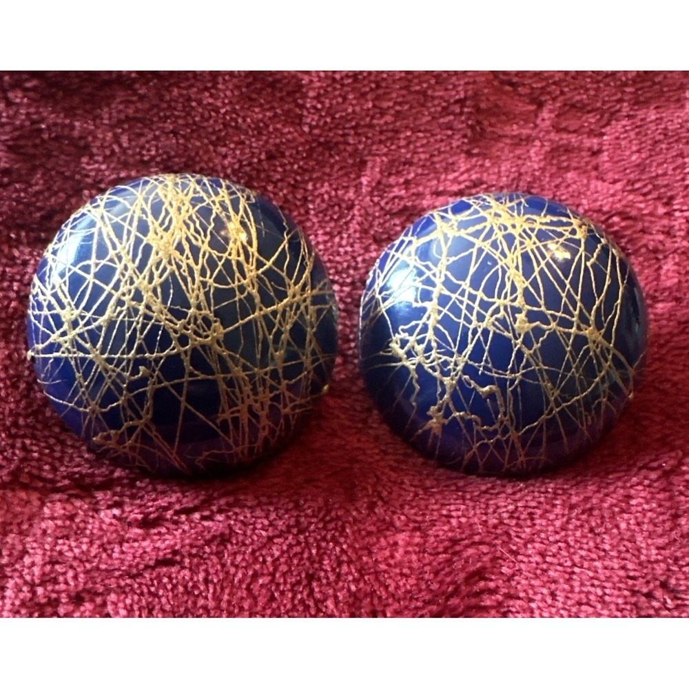 Button pierced earrings 1.5" vintage blue and gold‎